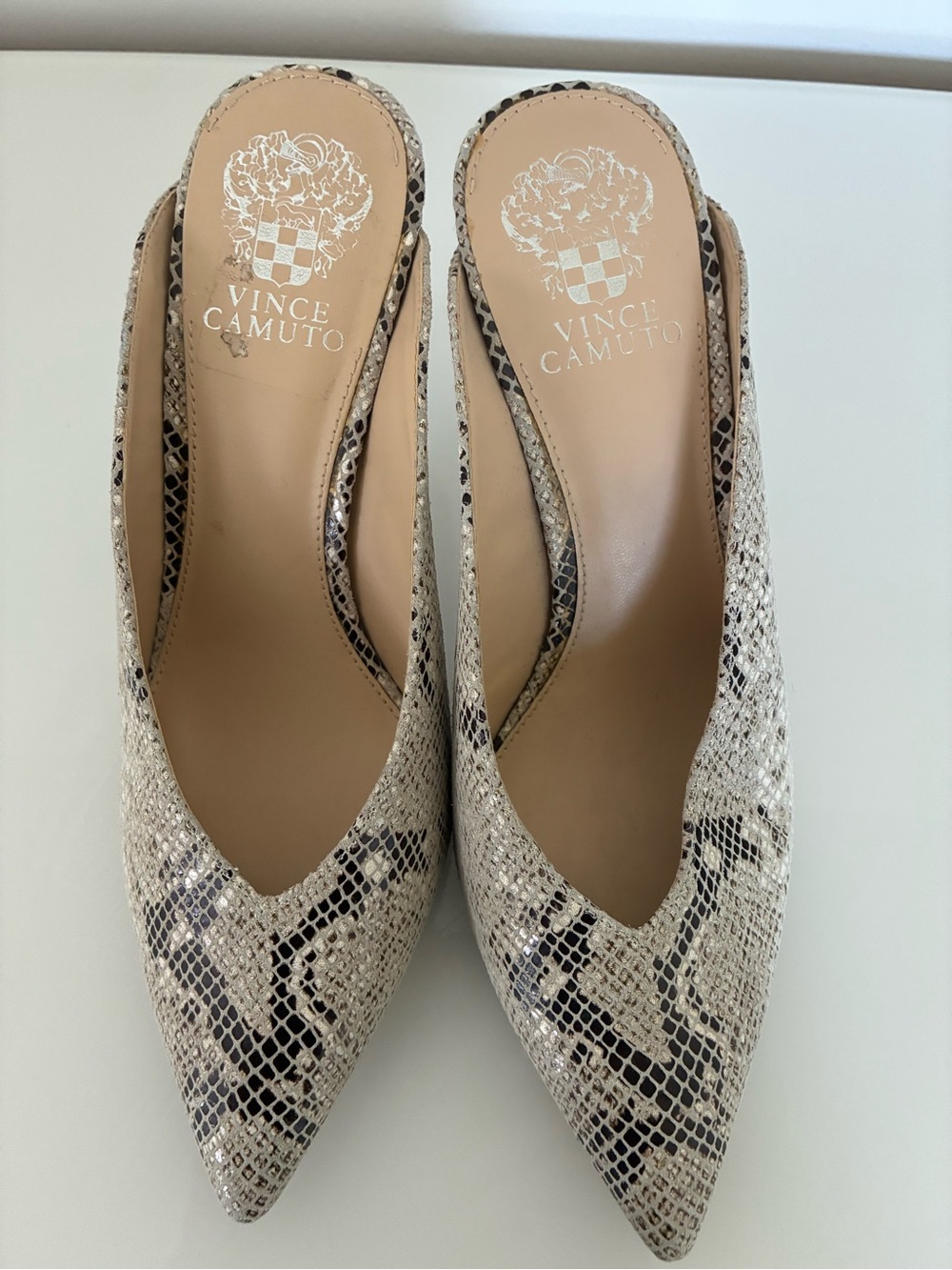 Vince Camuto Women's Pointed Leather Toe Snake-Print Mules in Beige Size 9